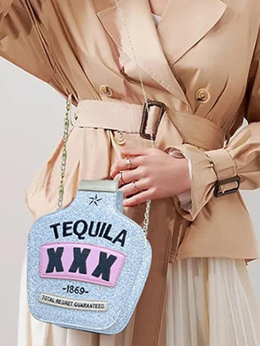 Glitter Tequila XXX Novelty Crossbody Bag in White and Pink